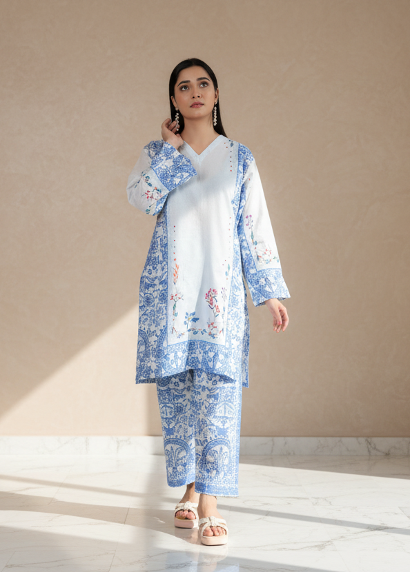 Ice Blue Serenity - Panel Printed 2-Piece Co-ord Set