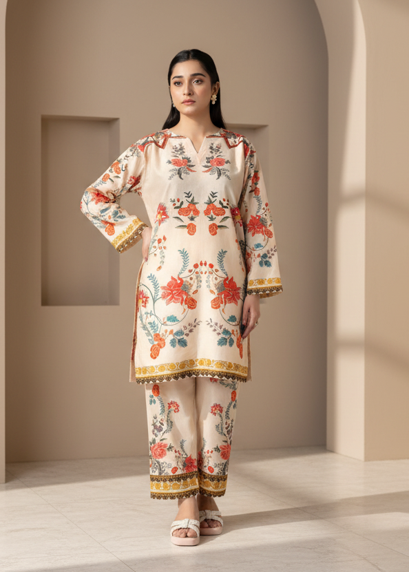 Vintage Beige Bloom - Floral Printed 2-Piece Co-ord Set