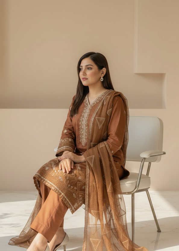 Amber Brown – Embroidery Chikankari 3-Piece