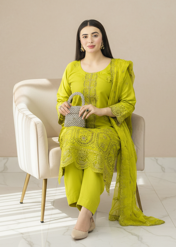 Amber yellow – Embroidery Chikankari 3-Piece