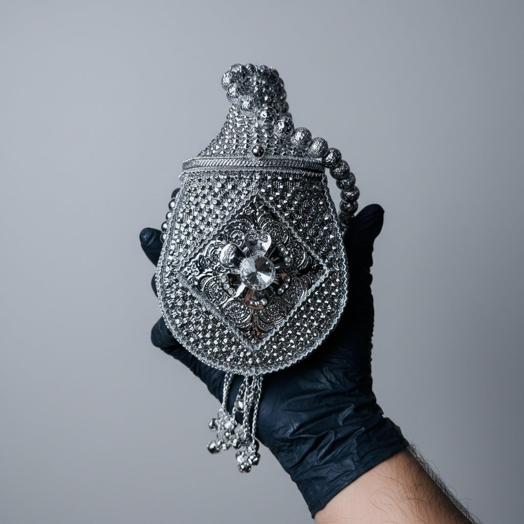 Silver Kundan Potli Clutch — Ryndra